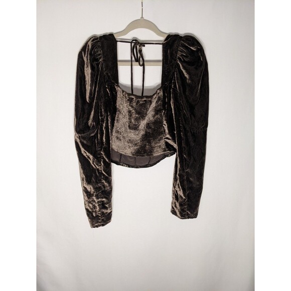 Free People Bridgette Brown Velvet Crop Top  Women's Sz L Puff Sleeve Forest - Picture 9 of 11